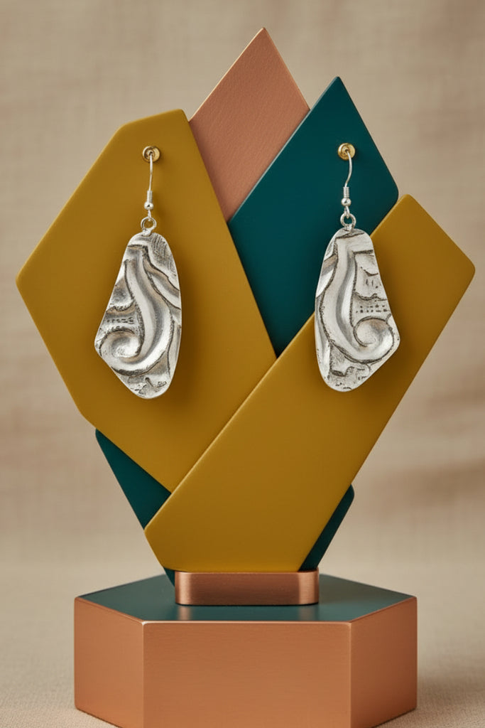 Handmade Kashi earring antiqued silver embossed