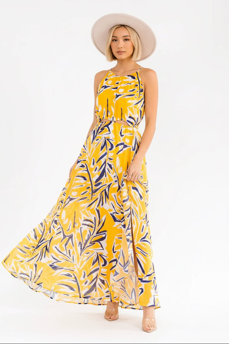 Island Glow Cut Out Elastic Waist Halter High-Slit Maxi Dress