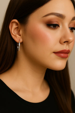 CZ pave oval hoop earrings, angled view