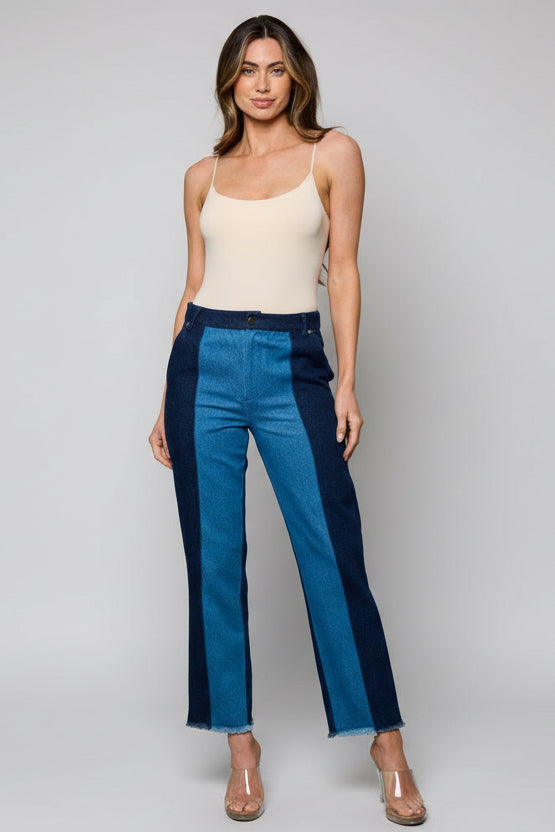 Two-tone wide-leg denim pants with button closure, front view