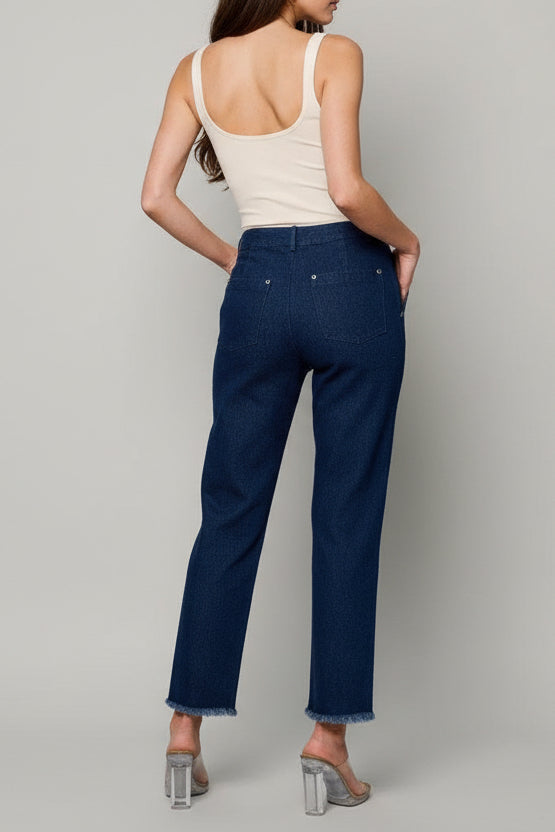 MID / DARK BLUE BUTTON CLOSURE STRAIGHT LEG RAW HEM POCKETS DENIM PANTS