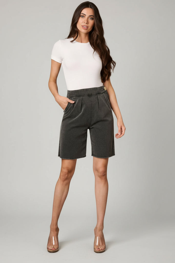 Raw edge washed denim shorts with pockets