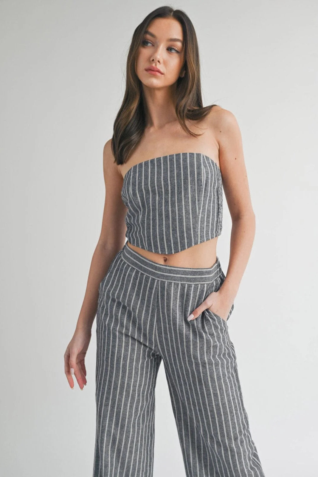 Pinstripe City Chic Strapless Crop Top Wide Leg Pant Suit Collection