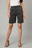 Raw-edge black denim shorts with pockets