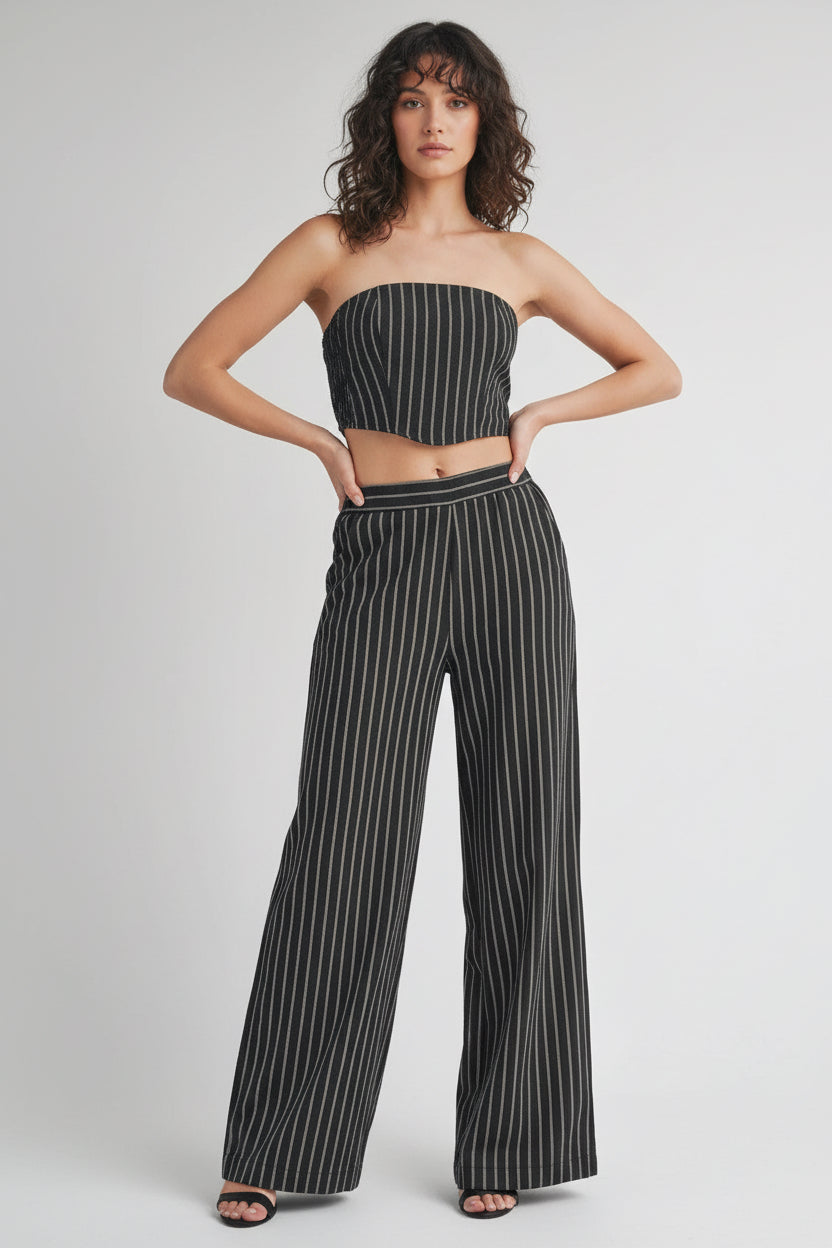 Pinstripe City Chic Strapless Crop Top Wide Leg Pant Suit Collection