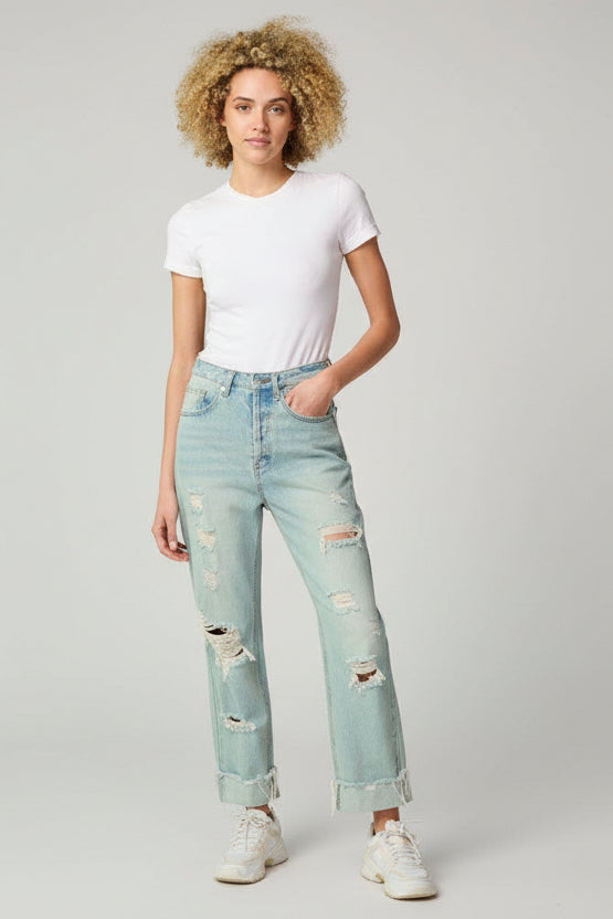 LT. BLUE DESTROYED 90'S CUFFED STRAIGHT LEG DENIM JEANS