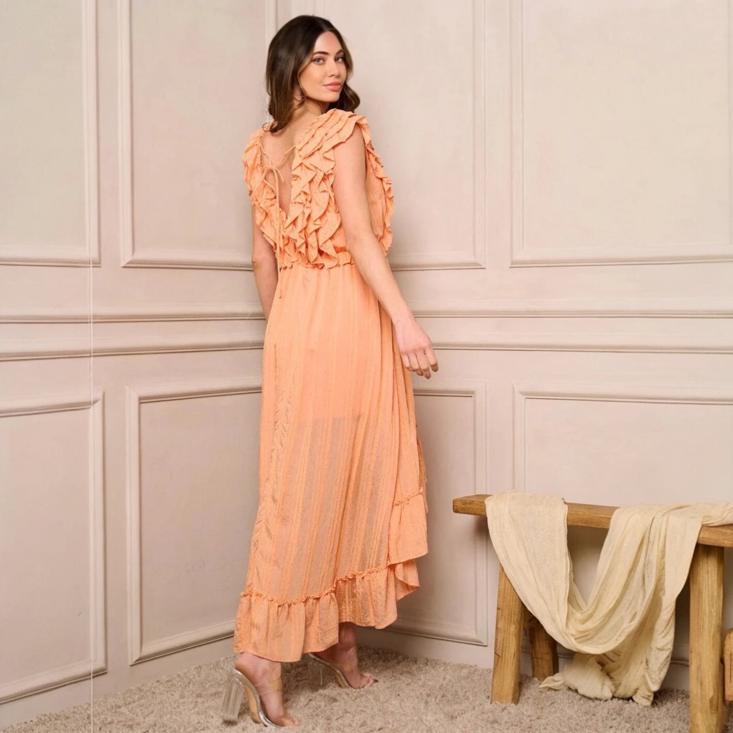 RUFFLE FRONT HIGH-LOW SLEEVELESS MIDI DRESS
