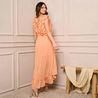 RUFFLE FRONT HIGH-LOW SLEEVELESS MIDI DRESS
