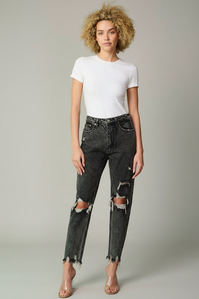 Black button closure distress washed denim pants, front view