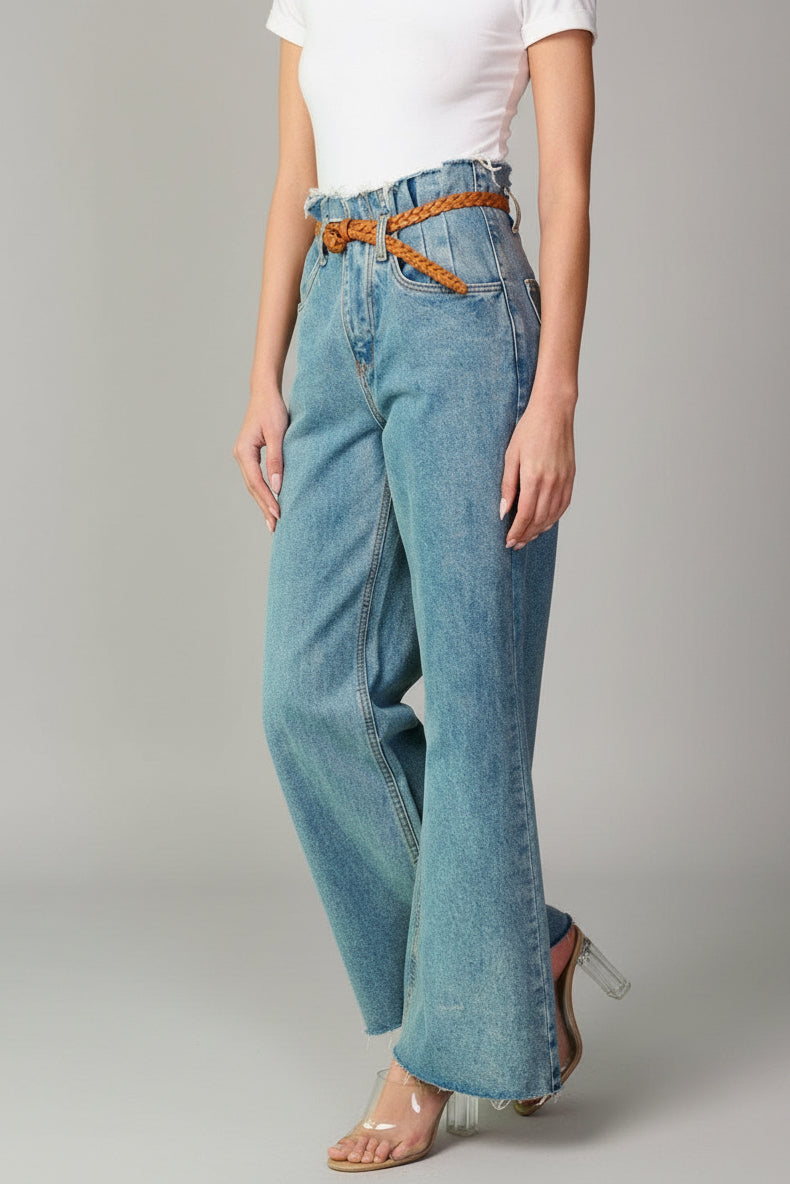 LIGHT BLUE PLEATED HIGH WAIST BELTED WIDE LEG DENIM JEANS