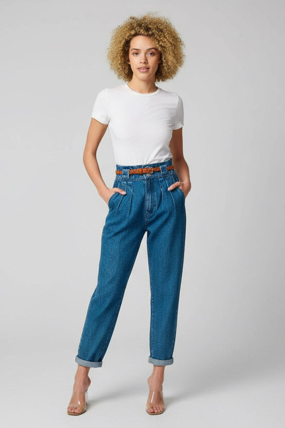 BLUE MEDIUM WASH HIGH WAIST BAGGY ROLL HEM BELTED DENIM JEANS