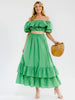 Emerald off-shoulder ruffle crop top with tiered skirt