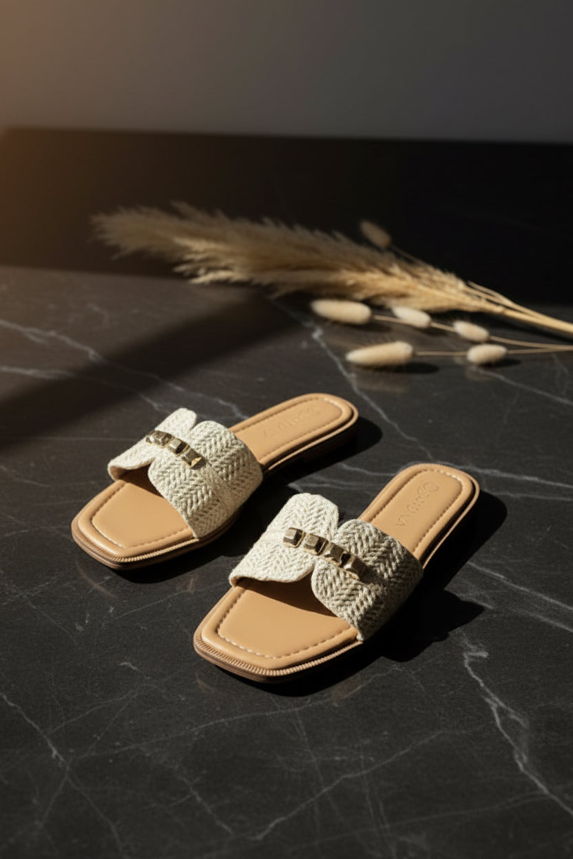 RAFFIA RADIANCE BOHO GOLD STUD SANDALS