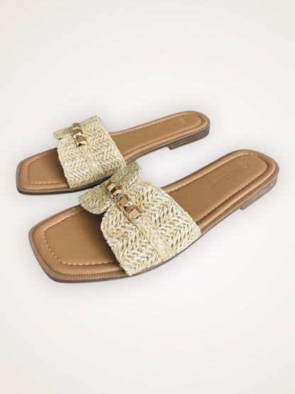 RAFFIA RADIANCE BOHO GOLD STUD SANDALS