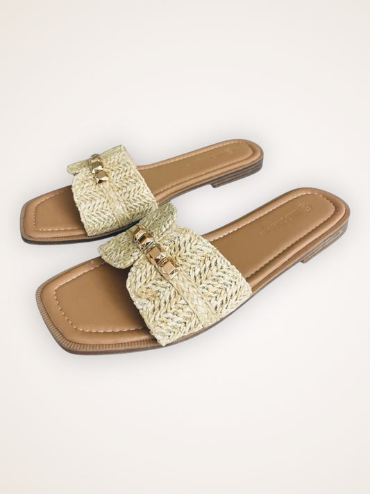 RAFFIA RADIANCE BOHO GOLD STUD SANDALS
