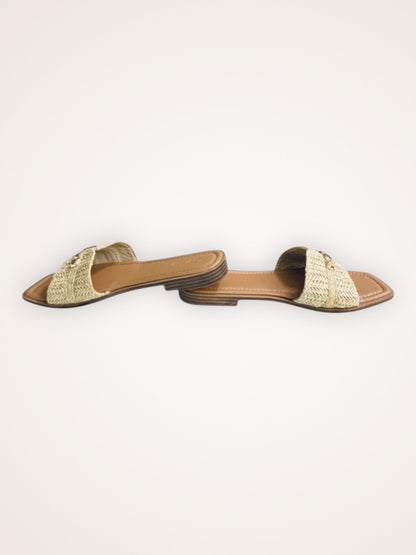RAFFIA RADIANCE BOHO GOLD STUD SANDALS