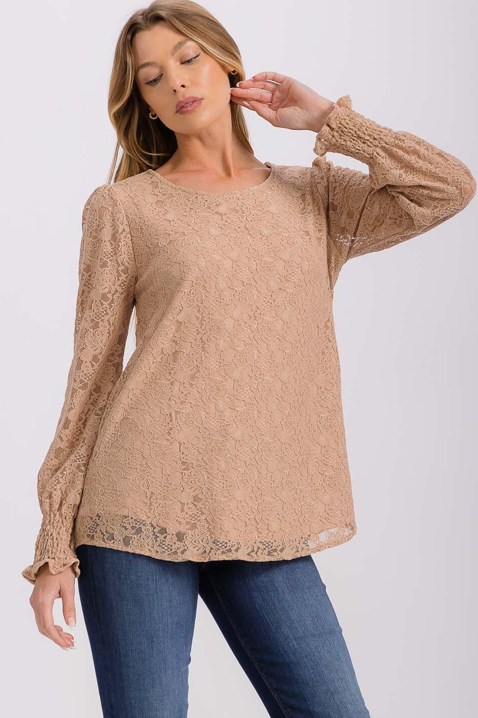 Chi Charm All Over Lace Smocked Cuff Blouse
