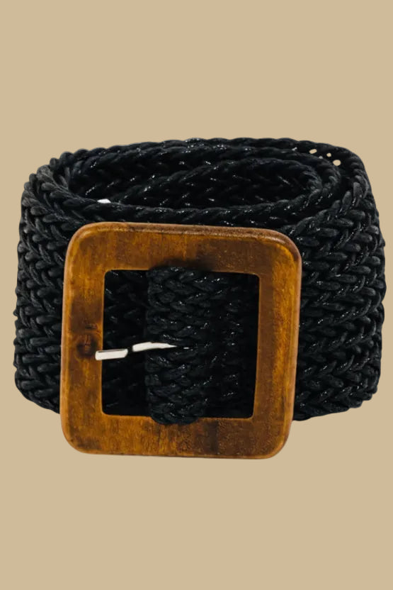 WOVEN PULSE BLACK WOODEN BUCKLE BRAIDED BELT