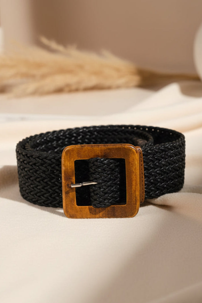 WOVEN PULSE BLACK WOODEN BUCKLE BRAIDED BELT