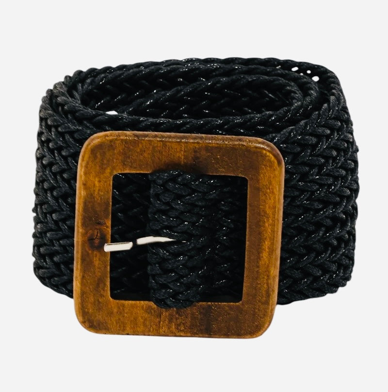 WOVEN PULSE BLACK WOODEN BUCKLE BRAIDED BELT