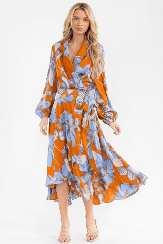 Sunset Bloom high-low wrap dress with asymmetric hem