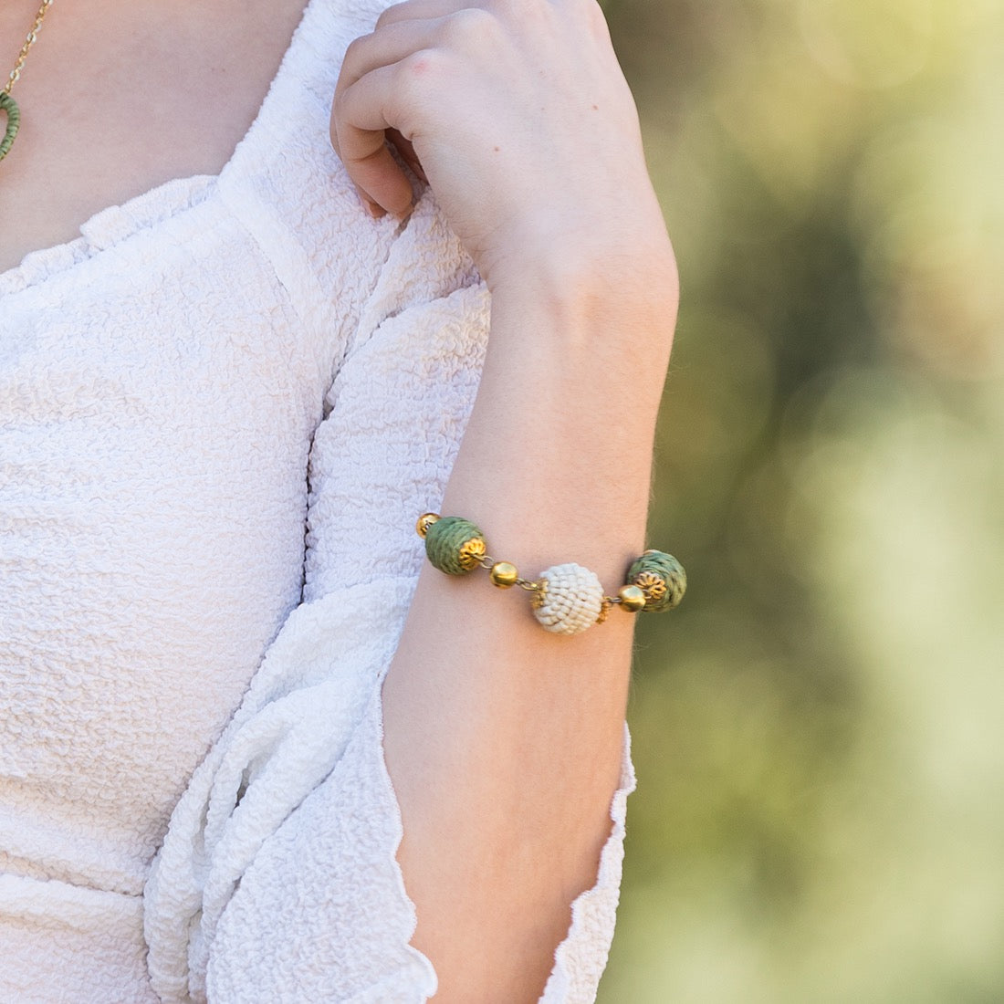 Handmade Beaded Sachi Rafftai Cotton and Wood Bracelet