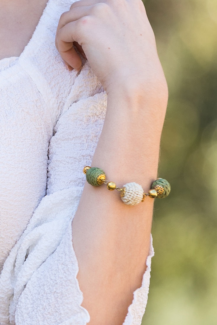 Handmade Beaded Sachi Rafftai Cotton and Wood Bracelet