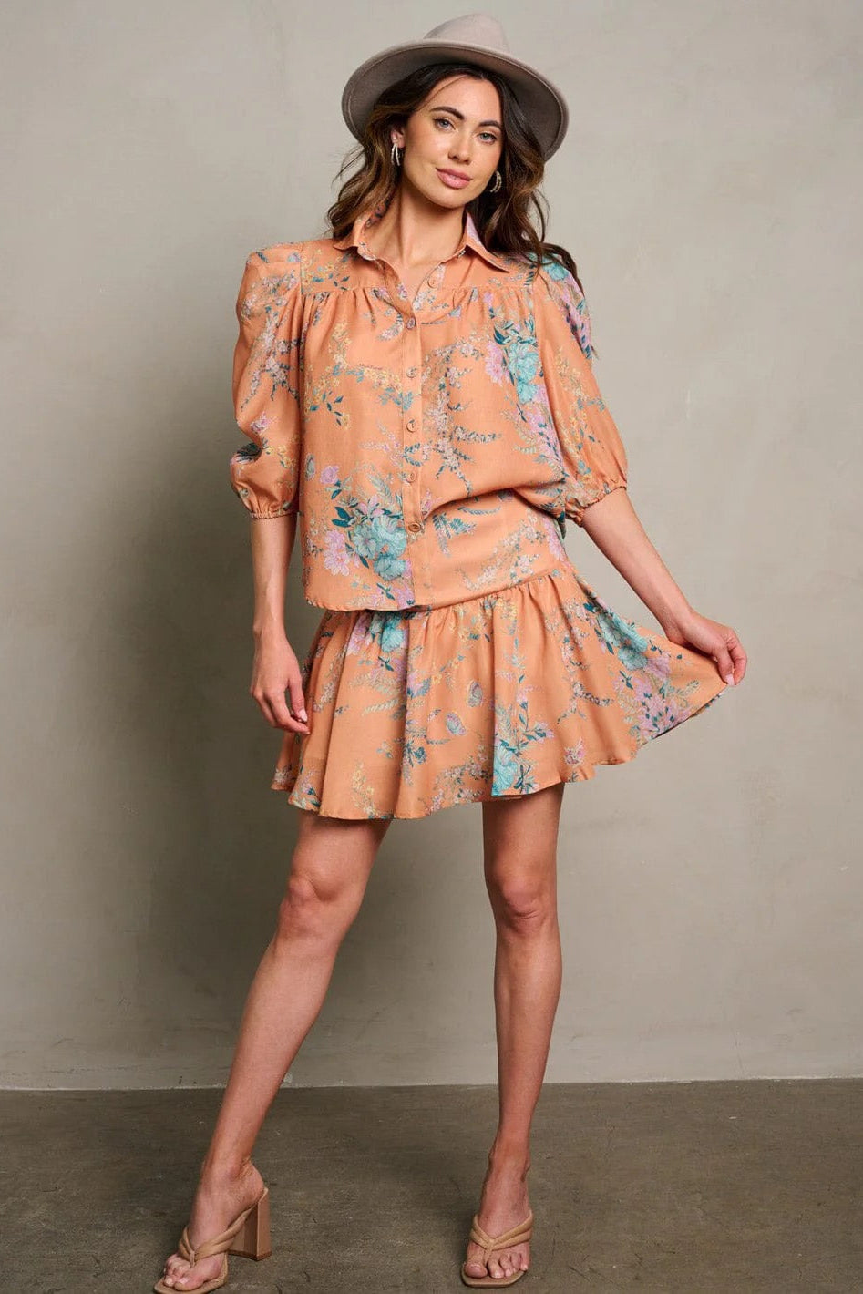 PEACH FLORAL MINI SKIRT SET