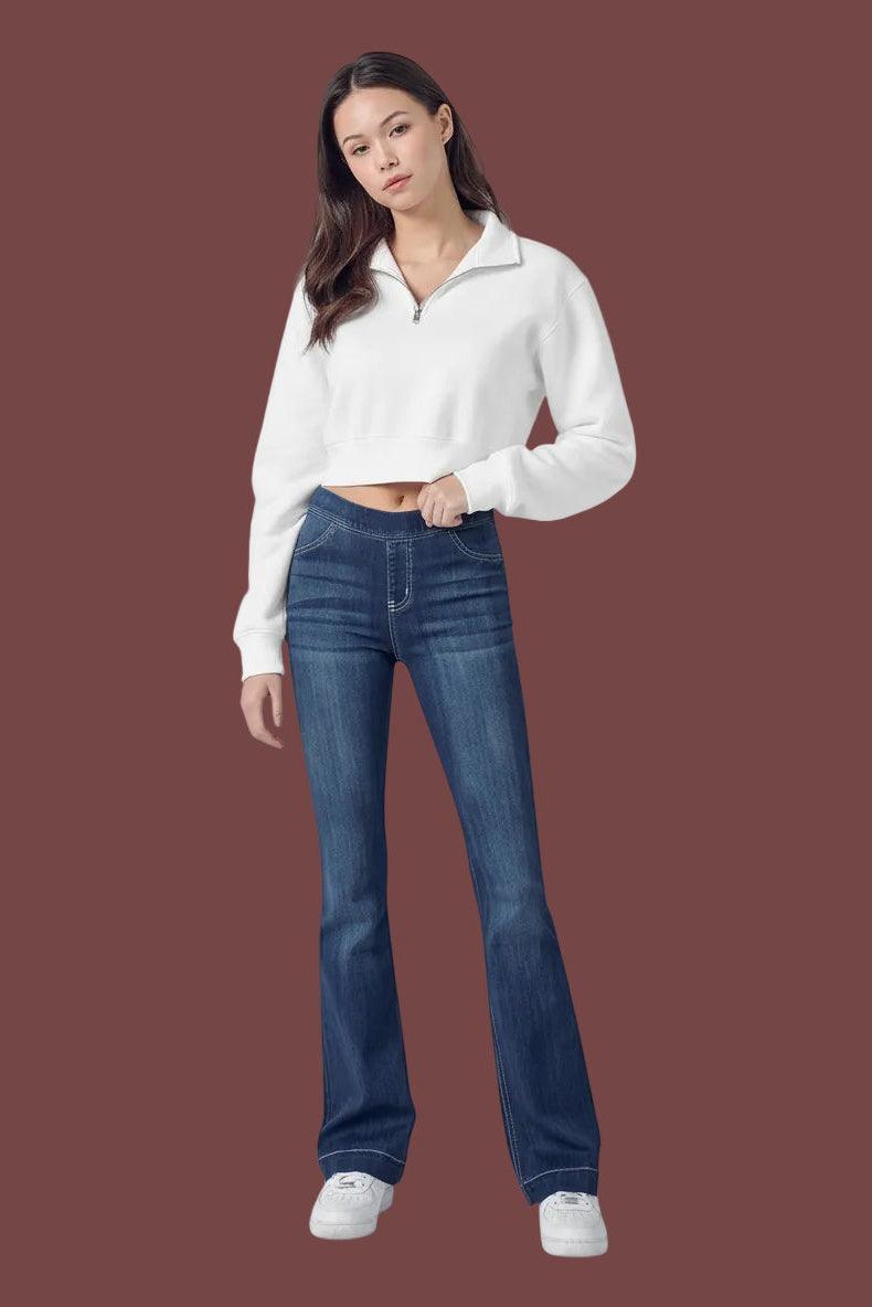 MID RISE PULL ON FLARE ULTRA STRETCHY DENIM JEGGING JEANS