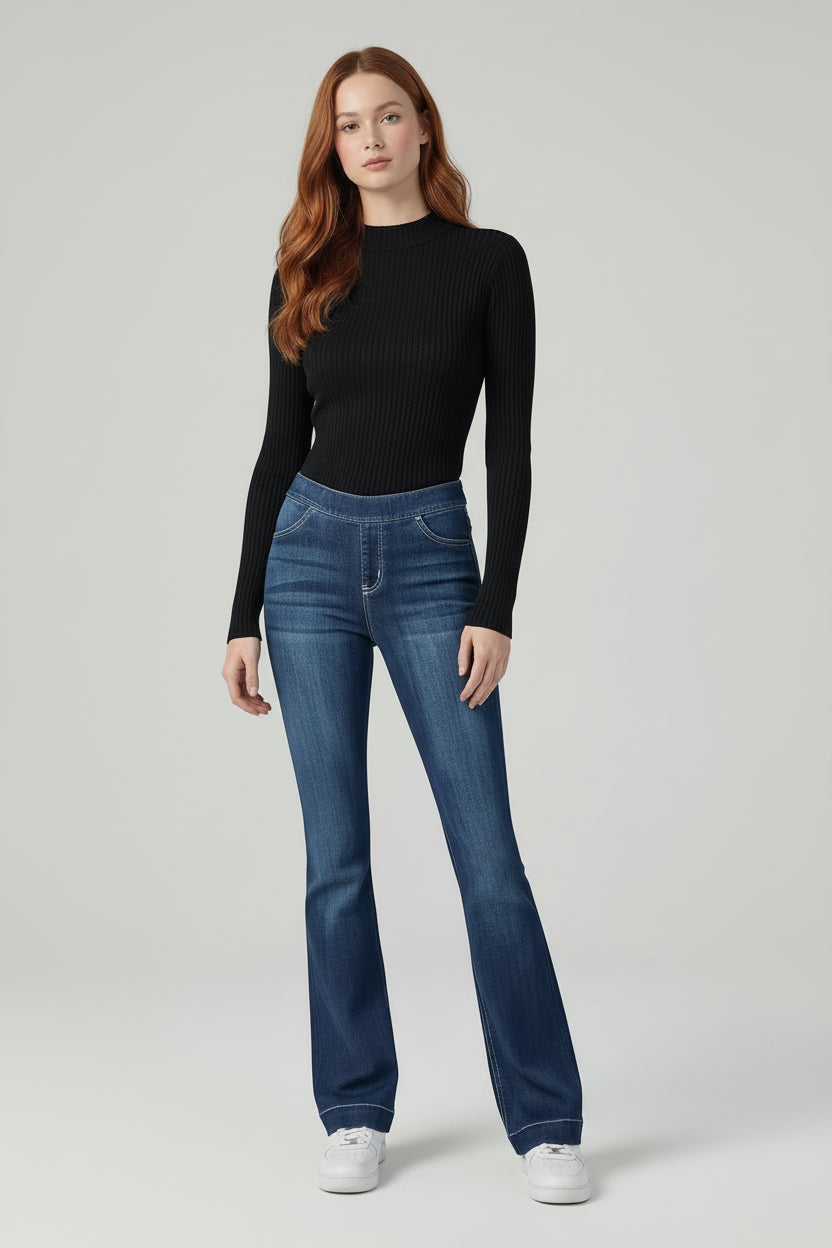 MID RISE PULL ON FLARE ULTRA STRETCHY DENIM JEGGING JEANS