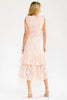 Blush lace midi with tie shoulders and tiered skirt