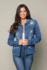 Distressed button-up denim jacket by Mandalay and Company