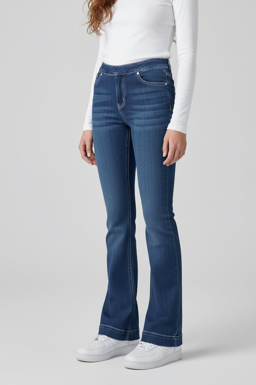 MID RISE PULL ON FLARE ULTRA STRETCHY DENIM JEGGING JEANS