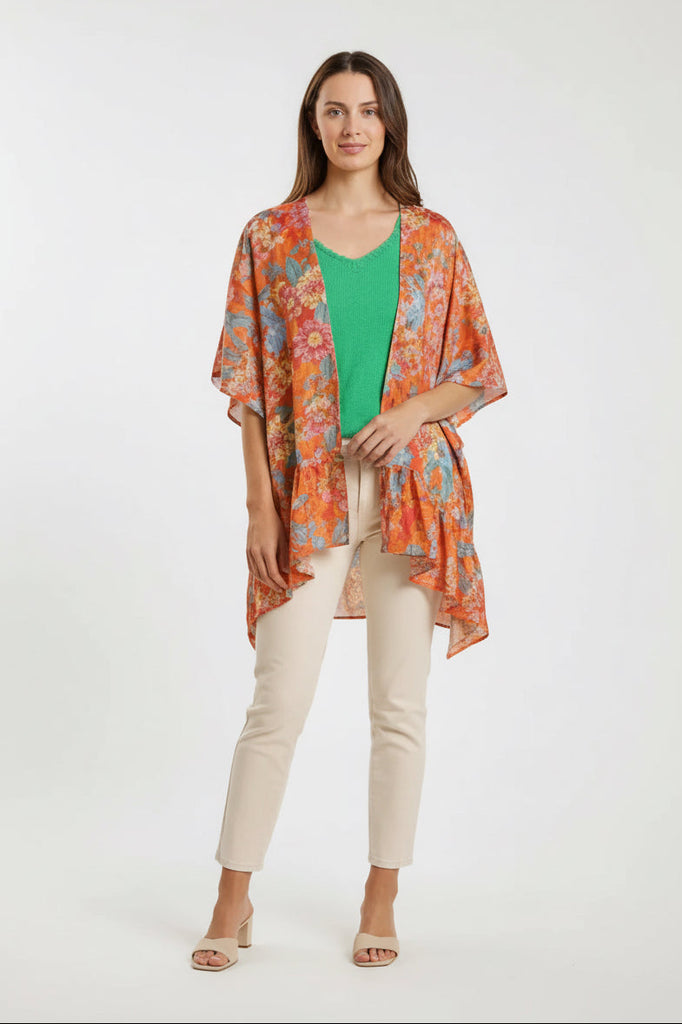 Floral print ruffle sleeve open-front kimono with side slits