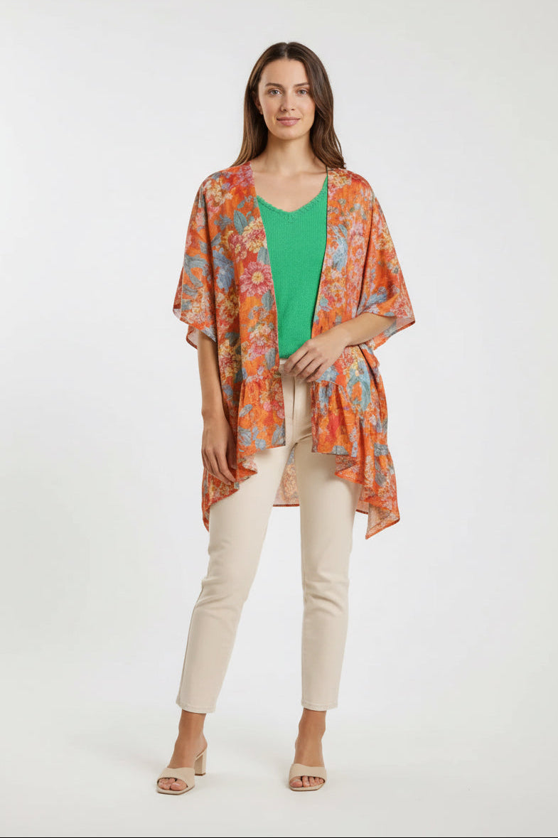 TANGERINE TROPIC BLOOM RUFFLE SLEEVE KIMONO