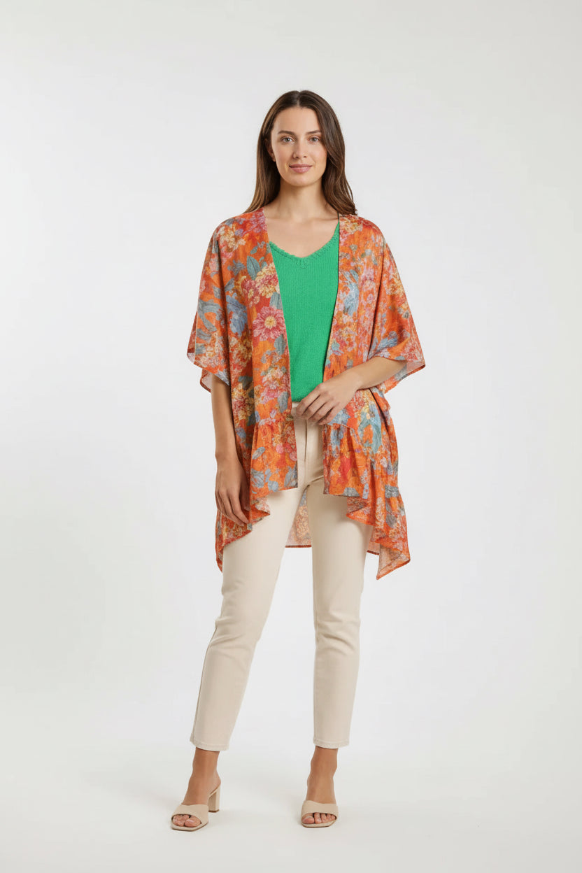 TANGERINE TROPIC BLOOM RUFFLE SLEEVE KIMONO