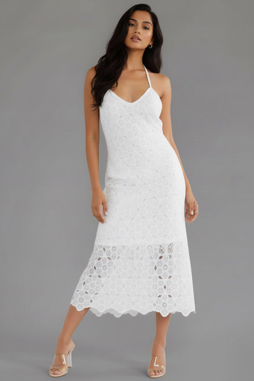 Coastal Crochet Halter Bodycon Midi Dress