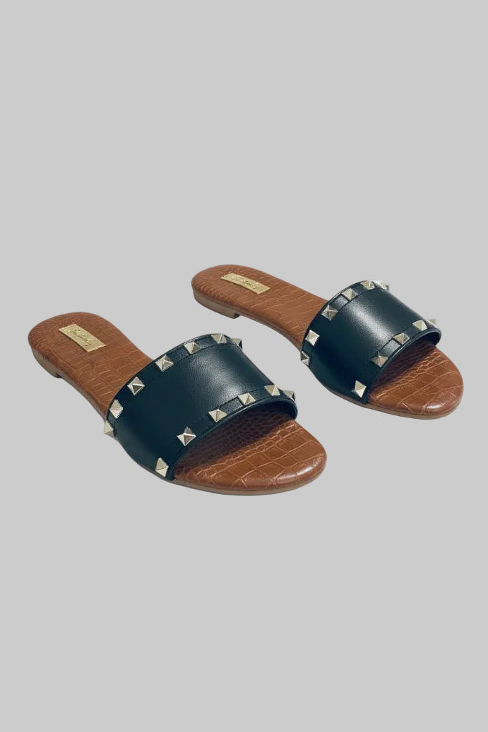 STELLA STUD BLACK & GOLD CROCODILE SOLE SLIPPERS