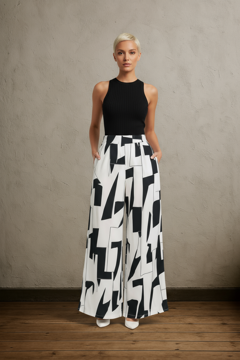 ABSTRACT AFFAIR BLACK & WHITE WIDE LEG PALAZZO PANTS