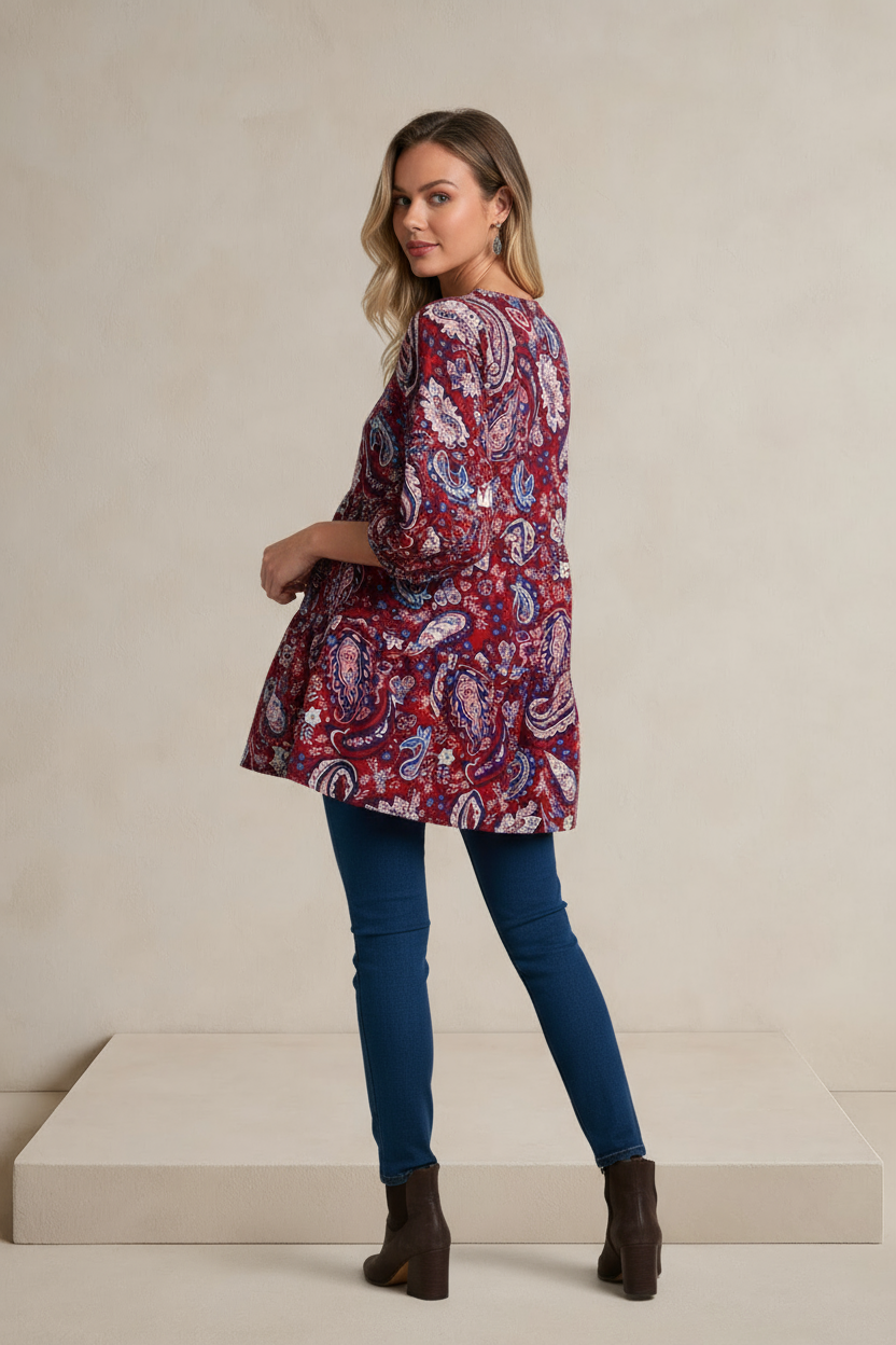 Wine Color Mix PaisleyTiered 3/4 Sleeve Baby Doll  Tunic Top