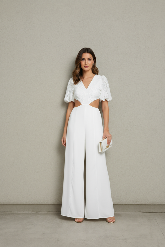 LUNA LUXE EMBROIDERED WHIRE PUFF SLEEVE V-NECK CUT OUT WIDE LEG JUMPSUIT