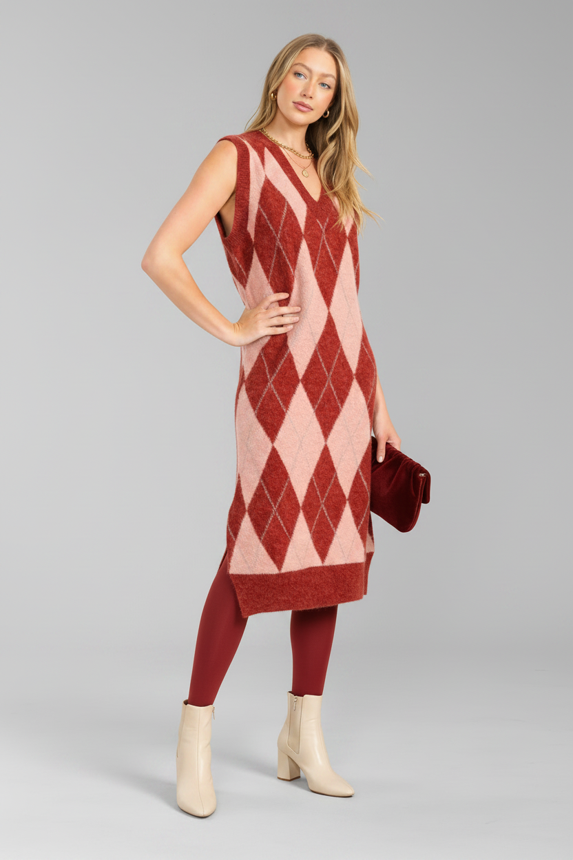 Crimson Argyle Elegance Dress