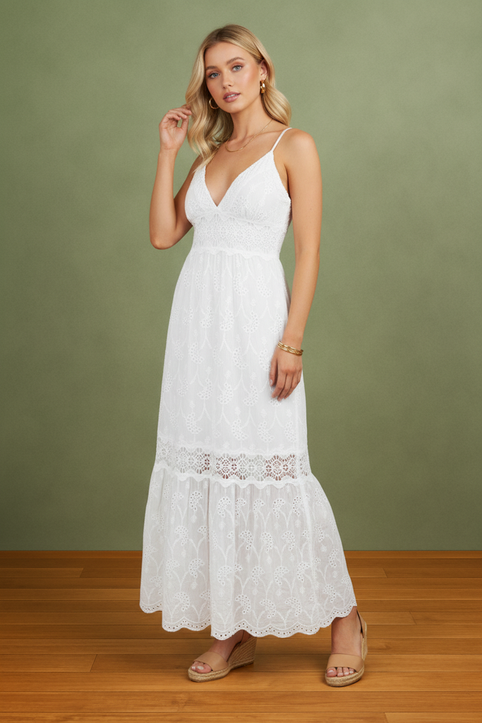 White strapped long eyelet maxi dress