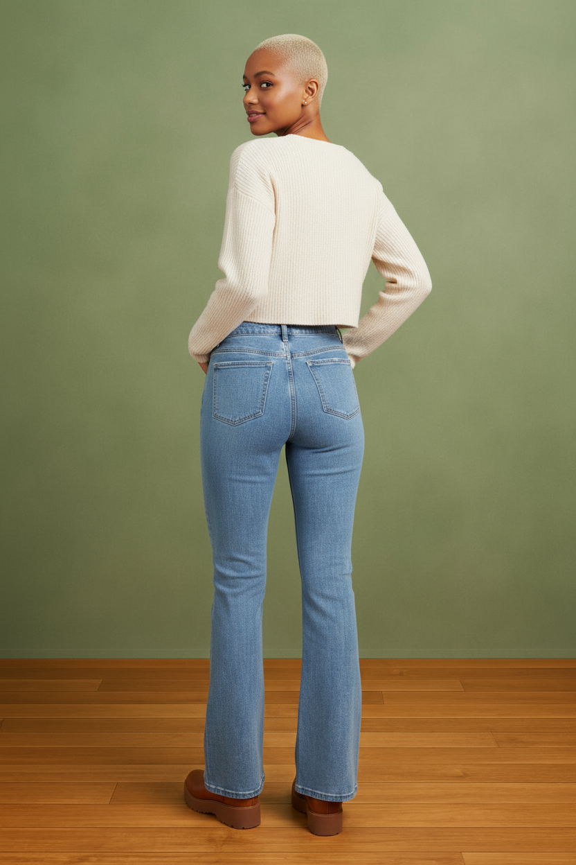 Blue High Waisted Zipper Fly 5 Pocket Flare bottom Jeans