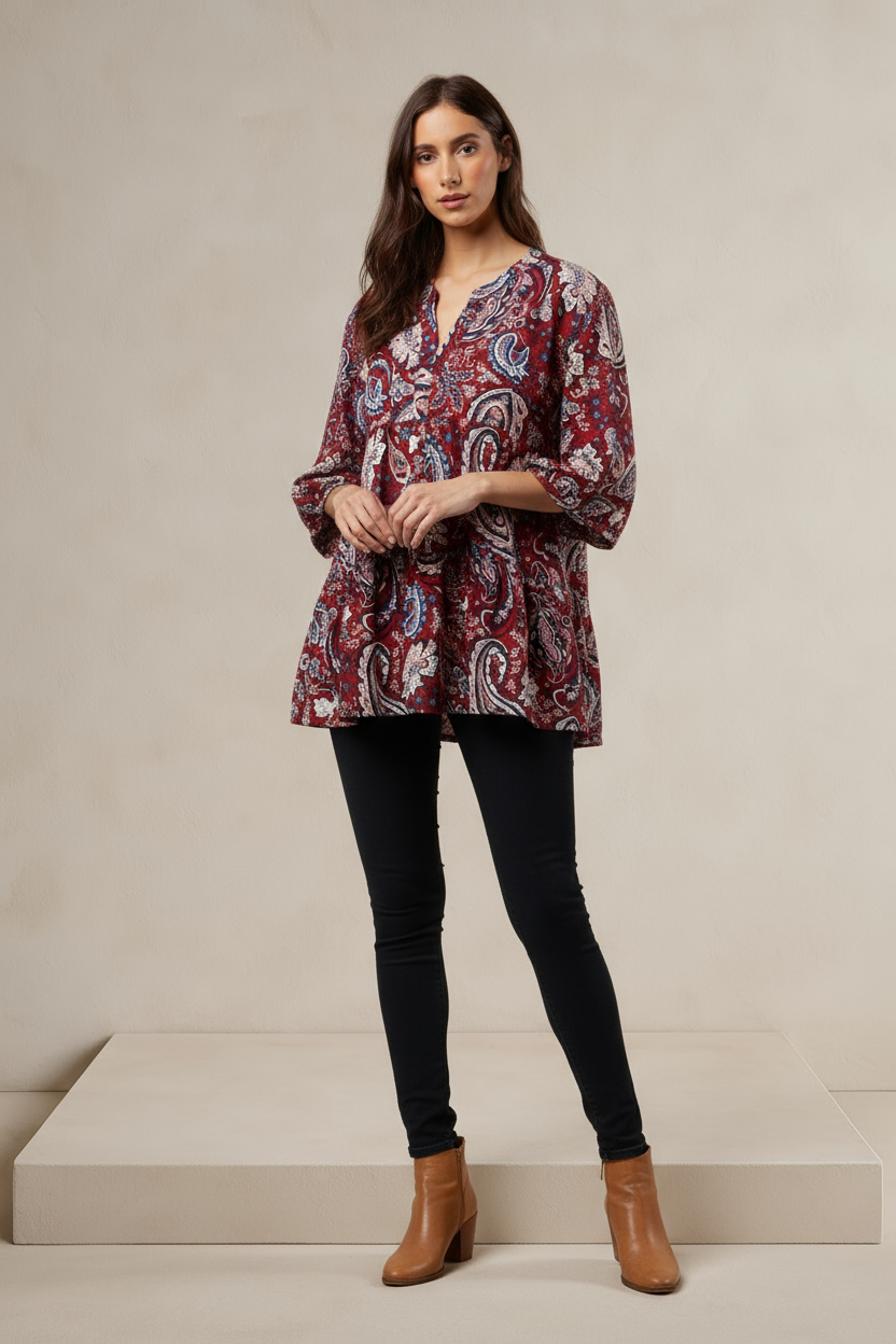 Wine Color Mix PaisleyTiered 3/4 Sleeve Baby Doll  Tunic Top