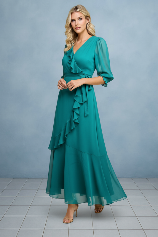 Ruffle Wrap Tie Waist Maxi Dress
