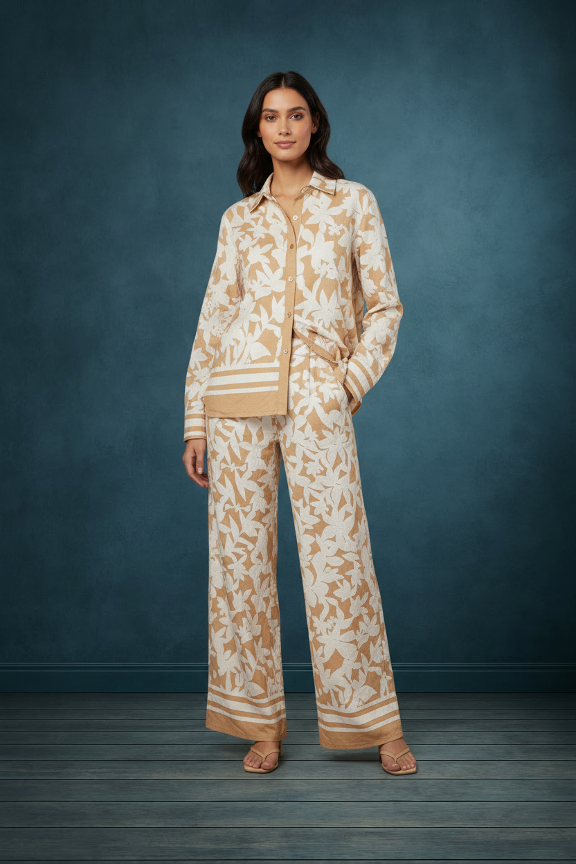 SUNSET PETALS BEIGE & CREAM WIDE LEG TWO PIECE SET