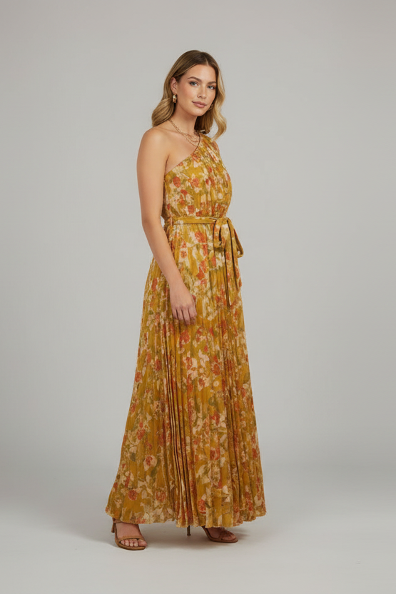 PLEATED WOVEN MUSTARD FLORAL ONE SHOULDER  TIE WAIST MAXI DRESS