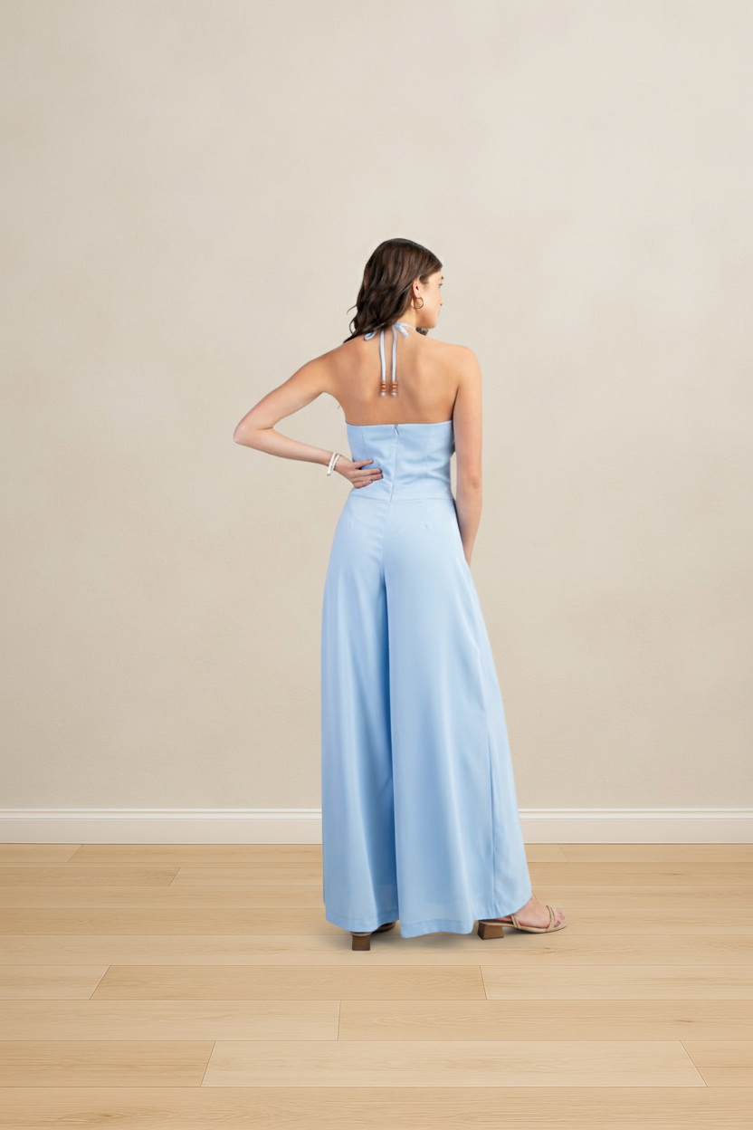 TWILIGHT STROLL BLUE HALTER NECK WIDE LEG JUMPSUIT