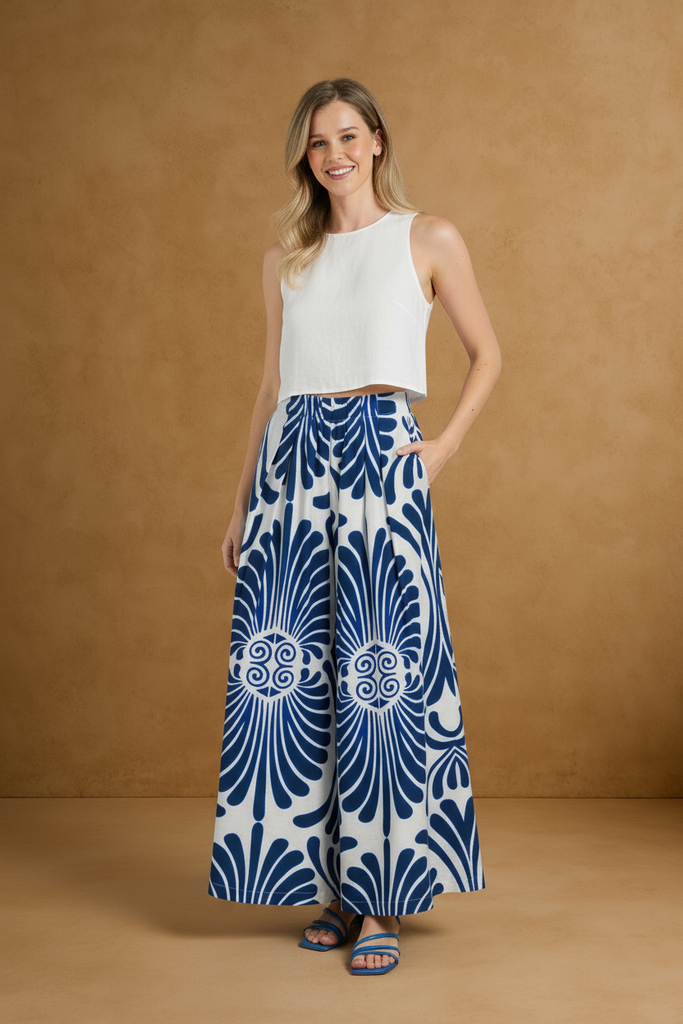 Printed wide leg palazzo skirt pants